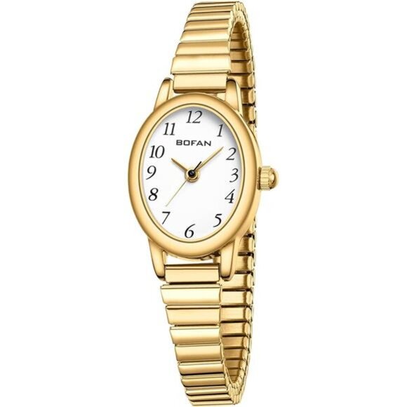 Gold Quartz Watch for Women Small Dial Stainless Steel Stretch Band Waterproof - Picture 1 of 7